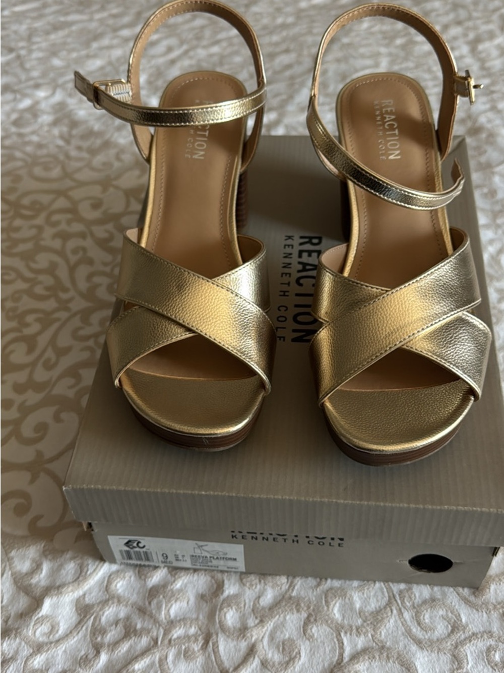 Kenneth Cole Reaction Metallic Gold Crisscross Platform Sandals
